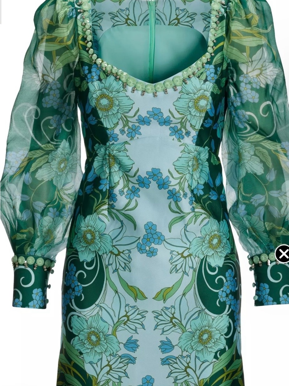 Boston Proper Aqua and Emerald Floral Puff-Sleeve Shift Dress